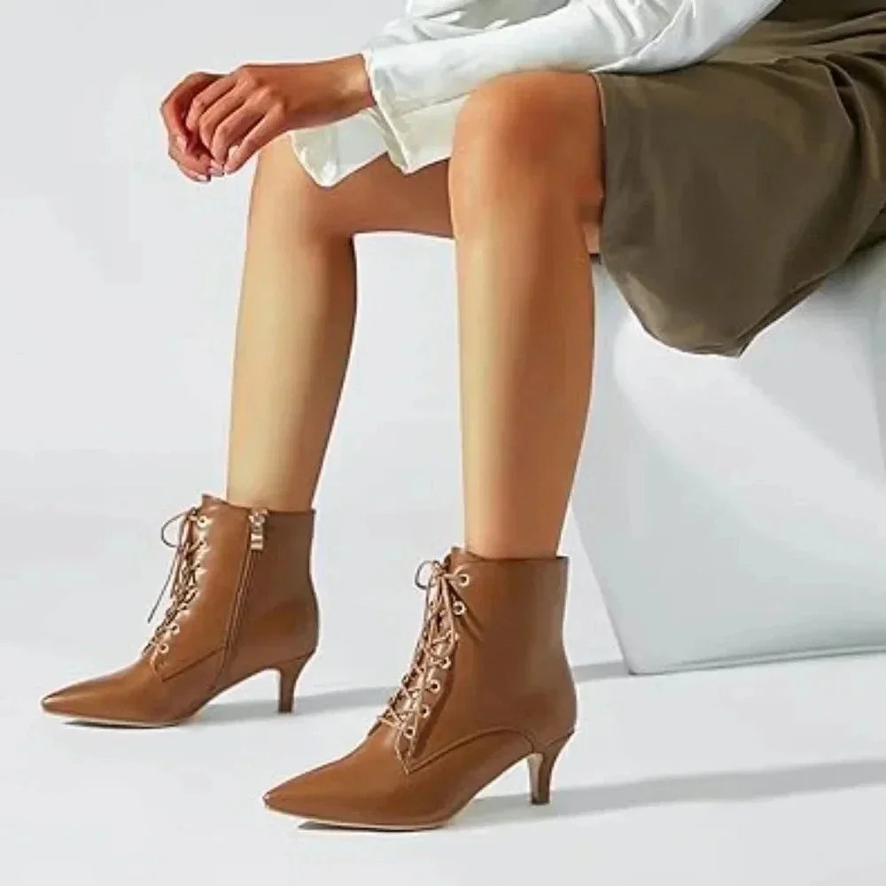 BROWN  Kitten Heels Lace Up Ankle Boots Low Mid Side Zipper Short BootiES